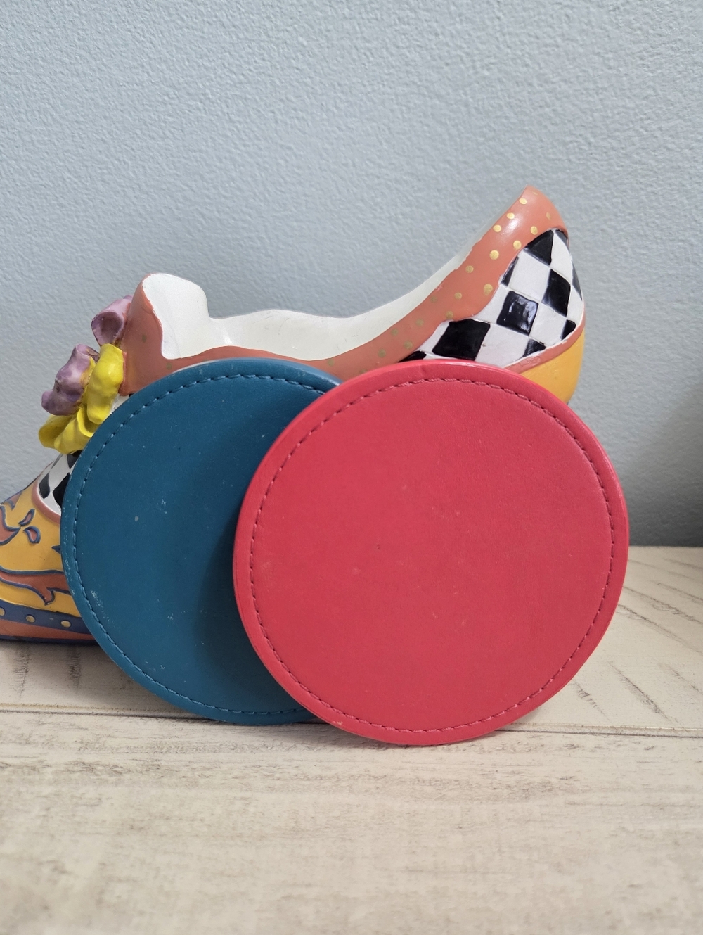 Coach Logo Embossed Leather Coasters Red & Teal, Set of 2 EUC - Picture 2 of 8
